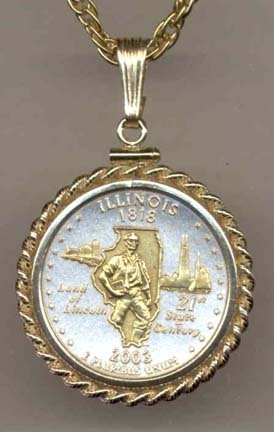 Illinois Two Tone Rope Bezel Statehood Quarter with 18" Rope Necklace