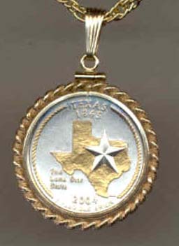 Texas Two Tone Rope Bezel Statehood Quarter with 18" Rope Necklace