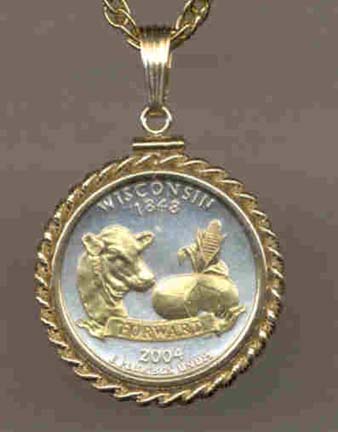 Wisconsin Two Tone Rope Bezel Statehood Quarter with 18" Rope Necklace
