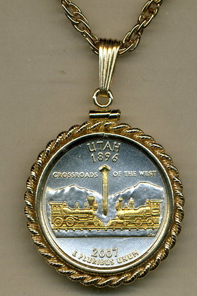 Utah Two Tone Rope Bezel Statehood Quarter Pendant with 18" Rope Necklace