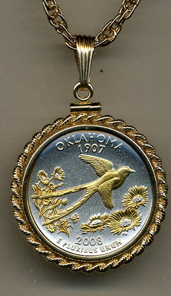 Oklahoma Two Tone Rope Bezel Statehood Quarter Pendant with 18" Rope Necklace