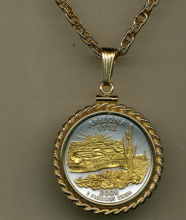 Arizona Two Tone Rope Bezel Statehood Quarter Pendant with 18" Rope Necklace