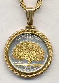 Connecticut Two Tone Rope Bezel Statehood Quarter with 18" Rope Necklace
