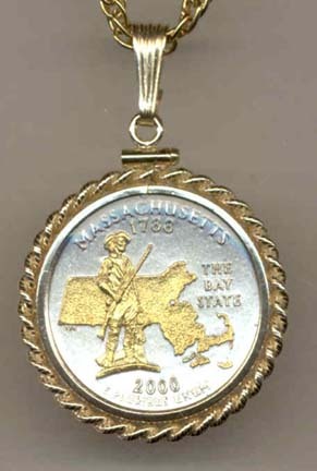 Massachusetts Two Tone Rope Bezel Statehood Quarter with 18" Rope Necklace