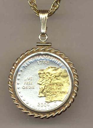 New Hampshire Two Tone Rope Bezel Statehood Quarter with 18" Rope Necklace