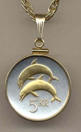 Iceland 5 Kronur “Dolphins” Two Tone Gold Filled Bezel Coin with 18" Necklace