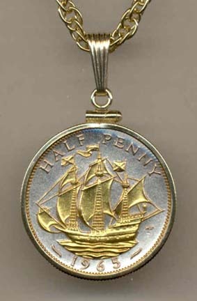 British Penny “Sailing Ship” Two Tone Gold Filled Bezel Coin with 18" Necklace