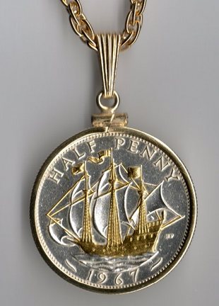 British Half Penny "Sailing Ship" Two Tone Plain Bezel Coin with 18" Chain