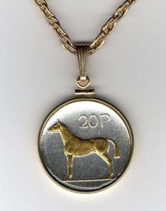 Irish 20 Pence "Horse" Two Tone Coin Pendant with 24" Chain