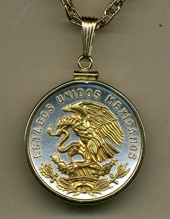 Mexican 20 Centavo "Eagle" Two Tone Gold Filled Bezel Coin Pendant with 24" Chain