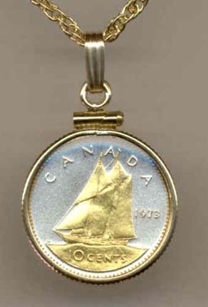 Canadian 10 Cent "Bluenose Sail Boat" Two Tone Gold Filled Bezel Coin with 18" Necklace