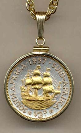 South African Penny “Sailing Ship” Two Tone Gold Filled Bezel Coin with 18" Necklace