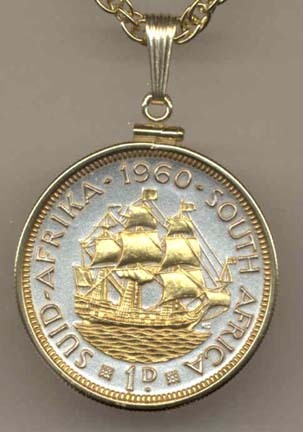 South African Penny “Sailing Ship” Two Tone Gold Filled Bezel Coin with 24" Necklace