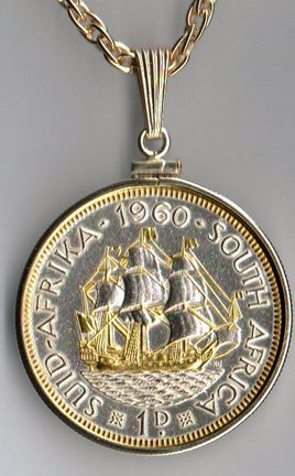 South African Penny "Sailing Ship" Two Tone Plain Bezel Coin with 24" Chain