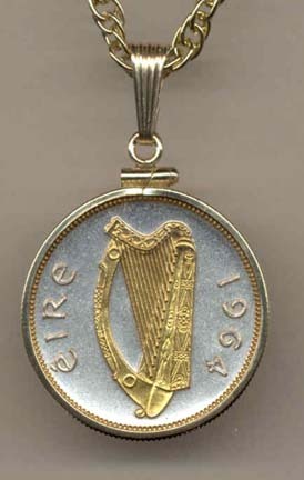 Irish Penny “Harp” Two Tone Gold Filled Bezel Coin with 18" Necklace