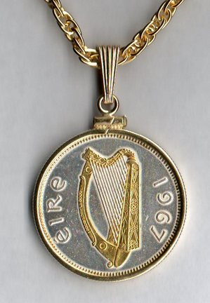 Irish Half Penny "Harp" Two Tone Plain Bezel Coin with 18" Chain