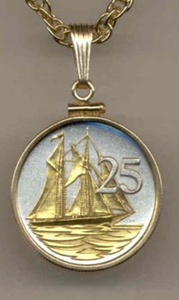 Cayman Islands 25 Cent “Sail Boat” Two Tone Gold Filled Bezel Coin with 18" Necklace