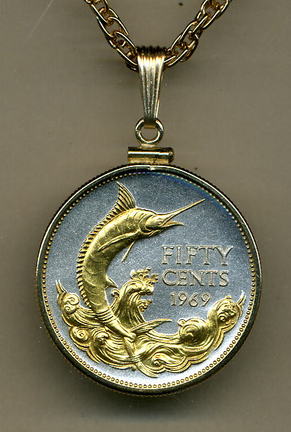Bahamas 50 Cent "Blue Marlin" Two Tone Gold Filled Bezel Coin Pendant with 24" Chain
