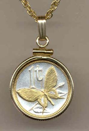 Papa New Guinea 1 Toea “Butterfly” Two Tone Gold Filled Bezel Coin with 18" Necklace