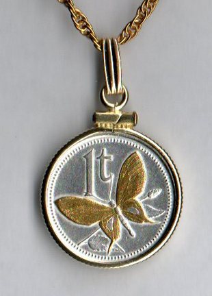 Papa New Guinea 1 Toea "Butterfly" Two Tone Plain Bezel Coin with 18" Chain
