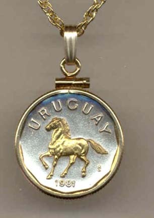 Uruguay 10 Centesimal “Horse" Two Tone Gold Filled Bezel Coin with 18" Necklace