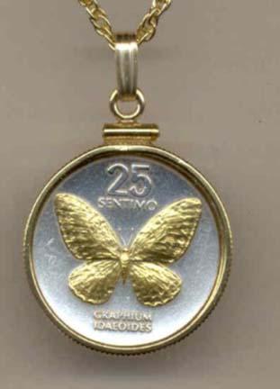 Philippines 25 Sentimos "Butterfly" Two Tone Gold Filled Bezel Coin Pendant with 18" Chain