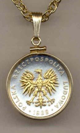 Polish 5 Zlotych "Eagle" Two Tone Gold Filled Bezel Coin Pendant with 18" Chain