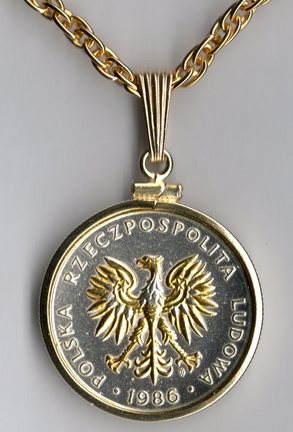 Polish 5 Zlotych "Eagle" Two Tone Plain Bezel Coin with 18" Chain