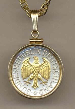 German 1 Mark "Eagle" Two Tone Gold Filled Bezel Coin Pendant with 18" Chain
