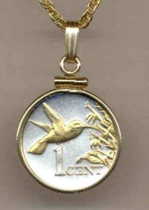Trinidad & Tobago 1 Cent "Hummingbird" Two Tone Gold Filled Bezel Coin Pendant with 18" Chain