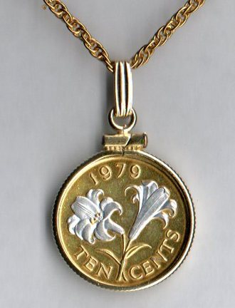 Bermuda 10 Cent "Lily" Two Tone Plain Bezel Coin with 18" chain