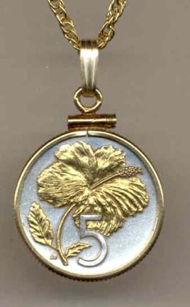Cook Islands 5 Cent "Hibiscus" Two Tone Plain Edge Coin Pendant with 18" Chain 