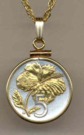 Cook Islands 5 Cent "Hibiscus" Two Tone Plain Edge Coin Pendant with 18" Chain 