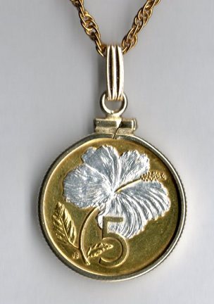 Cook Islands 5 Cent "Hibiscus" Two Tone Plain Bezel Coin with 18" Chain