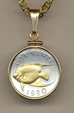 Bermuda 5 Cent “Angel Fish” Two Tone Gold Filled Bezel Coin with 18" Necklace