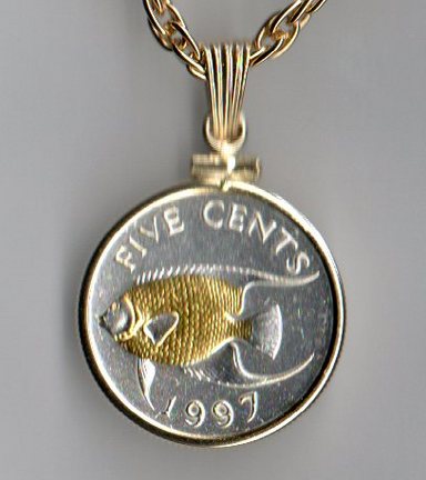 Bermuda 5 Cent "Angel Fish" Two Tone Plain Bezel Coin with 18" Chain