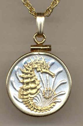 Singapore 10 Cent “Sea Horse” Two Tone Gold Filled Bezel Coin with 18" Necklace