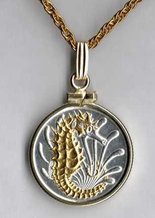 Singapore 10 Cent "Sea Horse" Two Tone Plain Bezel Coin with 18" Chain
