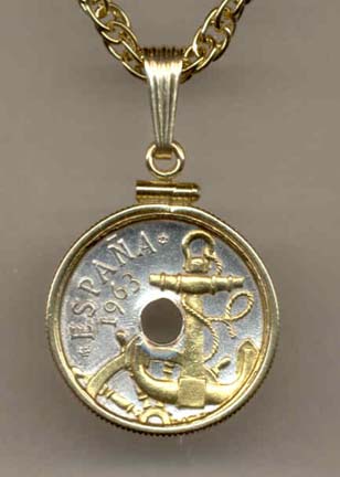 Spanish 50 Centimes "Anchor and Ship's Wheel" Two Tone Plain Edge Coin Pendant with 18" Chain