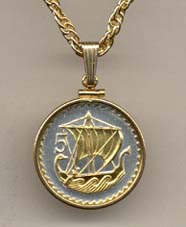 Cyprus 5 Mils “Viking Ship” Two Tone Gold Filled Bezel Coin with 18" Necklace