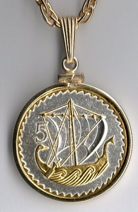 Cyprus 5 Mils "Viking Ship" Two Tone Plain Bezel Coin with 18" Chain