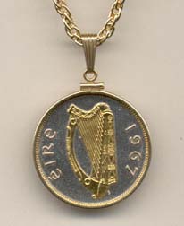 Irish Penny “Harp” (Half Dollar Size) Two Tone Gold Filled Bezel Coin with 24" Necklace
