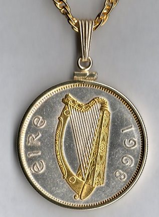 Irish Penny "Harp" Two Tone Plain Bezel Coin with 24" Chain