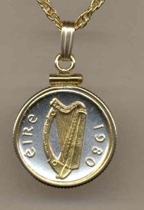 Irish Penny “Harp” (Dime Size) Two Tone Gold Filled Bezel Coin with 18" Necklace