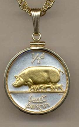 Irish Penny “Pig and Piglets” Two Tone Gold Filled Bezel Coin with 18" Necklace
