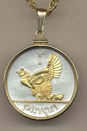 Irish Penny “Chicken with Chicks” Two Tone Gold Filled Bezel Coin with 24" Necklace