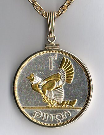 Irish Penny "Chicken with Chicks" Two Tone Plain Bezel Coin with 24" Chain