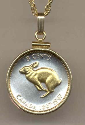 Canadian Centennial 5 Cent “Rabbit” Two Tone Gold Filled Bezel Coin with 18" Necklace