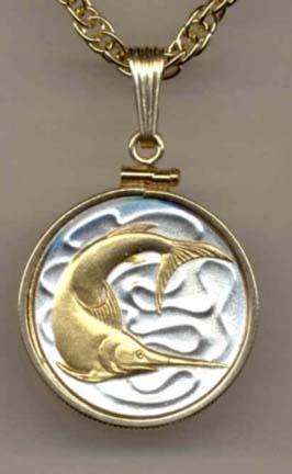 Singapore 20 Cent "Swordfish" Two Tone Gold Filled Bezel Coin Pendant with 18" Chain