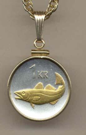 Iceland 1 Krona "Cod Fish" Two Tone Gold Filled Bezel Coin Pendant with 18" Chain